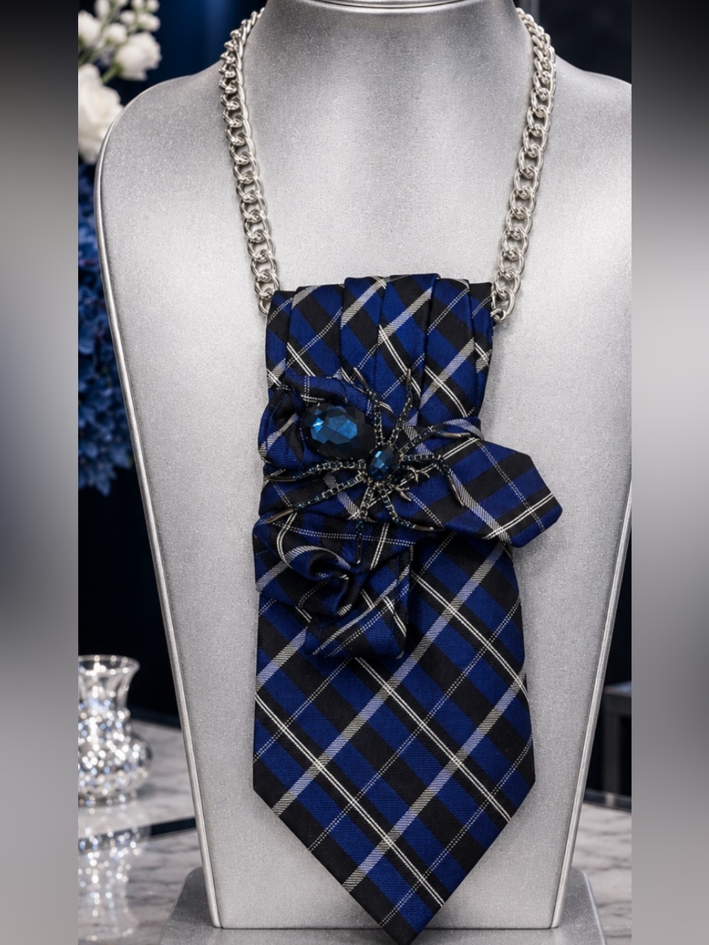 One of a Kind Handcrafted Tie Necklace Blue Black Spider Wearable Art  NWOT